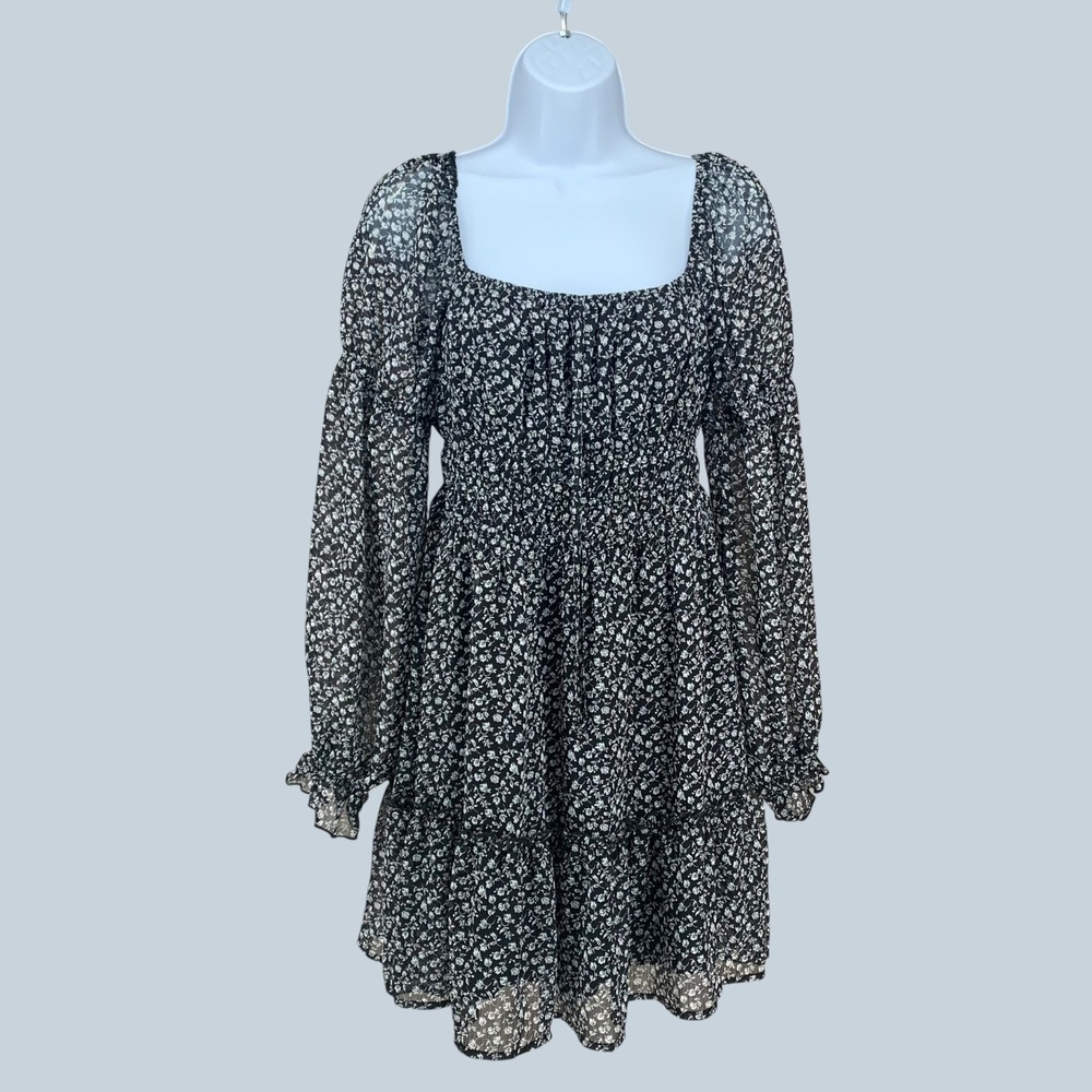 Altard State Floral‎ Print Square Neck Smocked Puff Sleeve Tiered Dress